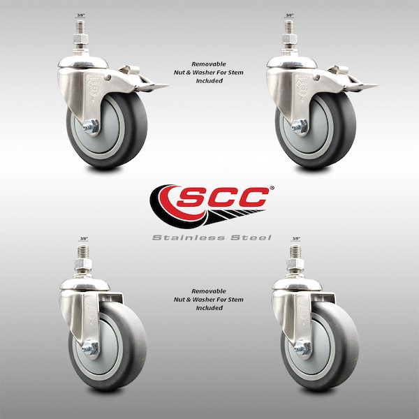 Service Caster 4 Inch 316SS Thermoplastic Rubber 3/8 Inch Threaded Stem Caster Lock Brake, 2PK SS316TSTTL20S414-TPRB-381615-2-S2 - main